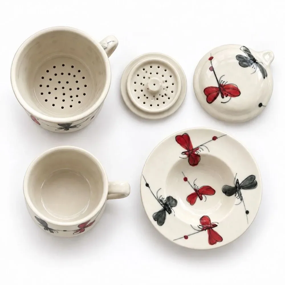 Bát Tràng Vietnamese Ceramic Phin Coffee Filter Cup Saucer Butterfly New